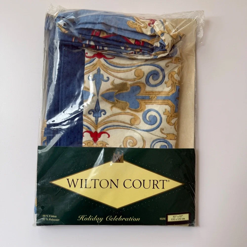 Vintage Wilton Court Hanukkah Tablecloth 52x52 Menorah Star of David Blue Gold